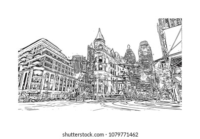 Landmark with buildings and street of Toronto, the capital of the province of Ontario, is a major Canadian city. Hand drawn sketch illustration in vector.