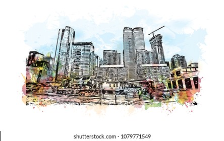 Landmark with buildings and street of Toronto, the capital of the province of Ontario, is a major Canadian city. Water cooler splash with Hand drawn sketch illustration in vector.