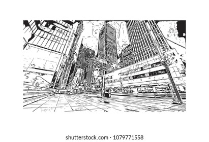 Landmark with buildings and street of Toronto, the capital of the province of Ontario, is a major Canadian city. Hand drawn sketch illustration in vector.