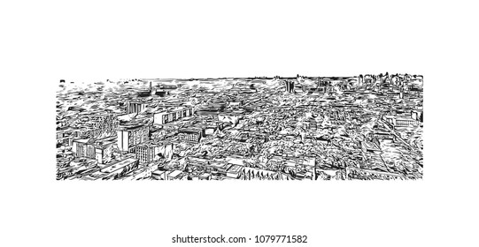 Landmark with buildings and street of Toronto, the capital of the province of Ontario, is a major Canadian city. Hand drawn sketch illustration in vector.