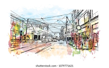Landmark with buildings and street of Toronto, the capital of the province of Ontario, is a major Canadian city. Water cooler splash with Hand drawn sketch illustration in vector.