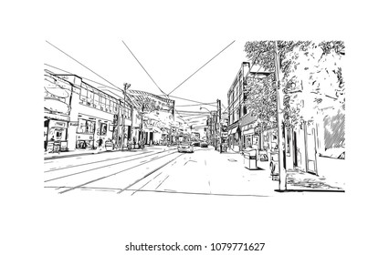 Landmark with buildings and street of Toronto, the capital of the province of Ontario, is a major Canadian city. Hand drawn sketch illustration in vector.