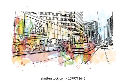 Landmark with buildings and street of Toronto, the capital of the province of Ontario, is a major Canadian city. Water cooler splash with Hand drawn sketch illustration in vector.