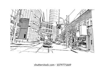 Landmark with buildings and street of Toronto, the capital of the province of Ontario, is a major Canadian city. Hand drawn sketch illustration in vector.