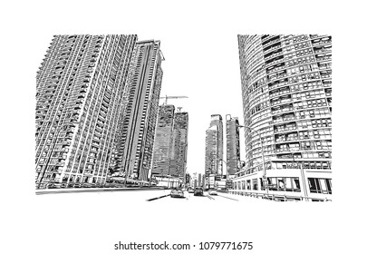 Landmark with buildings and street of Toronto, the capital of the province of Ontario, is a major Canadian city. Hand drawn sketch illustration in vector.