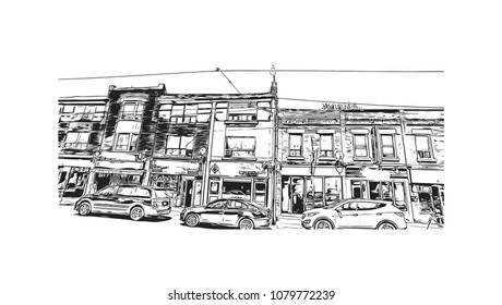 Landmark with buildings and street of Toronto, the capital of the province of Ontario, is a major Canadian city. Hand drawn sketch illustration in vector.