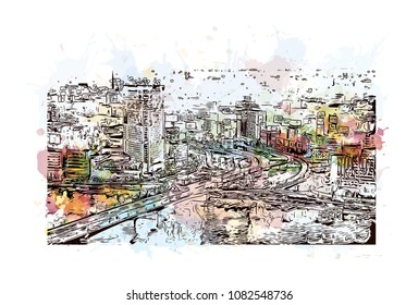 Landmark of Cairo, Capital of Egypt. Watercolor splash with Hand drawn sketch illustration in vector.