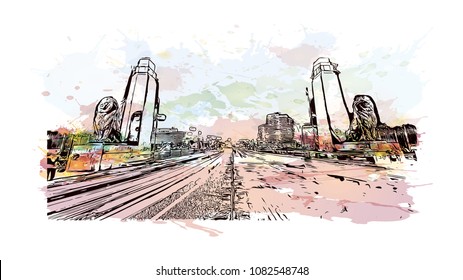 Landmark of Cairo, Capital of Egypt. Watercolor splash with Hand drawn sketch illustration in vector.
