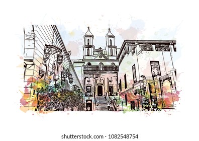 Landmark of Cairo, Capital of Egypt. Watercolor splash with Hand drawn sketch illustration in vector.