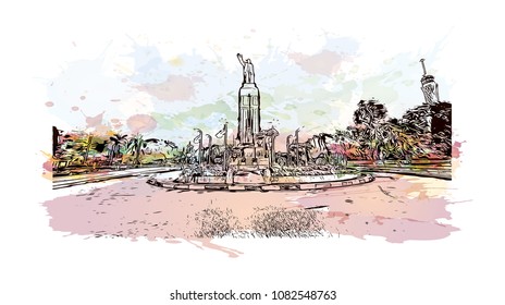 Landmark of Cairo, Capital of Egypt. Watercolor splash with Hand drawn sketch illustration in vector.