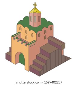 Landmark capital of Ukraine. Golden Gate of Kiev. Golden Gate vector illustration for tourist cards. Historical building, a monument of the architecture.