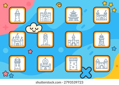 Landmark castle tower set icon. Various towers, fortress gates, pagoda style building, lighthouse structures, domed palace, defensive walls, historic buildings arranged in minimal outlined frames