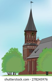 Landmark of the city of Kaliningrad, Russia. Cathedral Church of Kaliningrad on Kant island (Konigsberg Cathedral). Vector illustration.