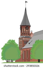 Landmark of the city of Kaliningrad, Russia. Cathedral Church of Kaliningrad on Kant island (Konigsberg Cathedral). Vector illustration.