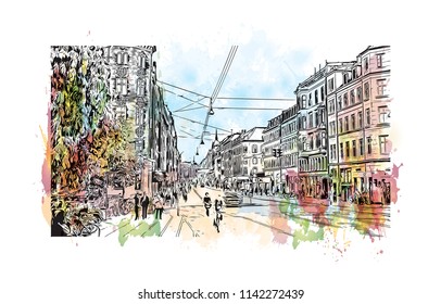 Landmark of Copenhagen, Capital of Denmark. Watercolor splash with hand drawn sketch illustration in vector.