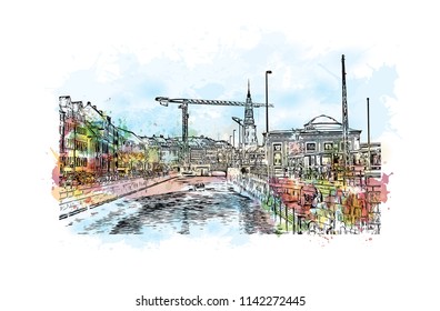 Landmark of Copenhagen, Capital of Denmark. Watercolor splash with hand drawn sketch illustration in vector.