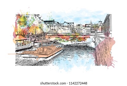 Landmark of Copenhagen, Capital of Denmark. Watercolor splash with hand drawn sketch illustration in vector.