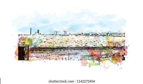 Landmark of Copenhagen, Capital of Denmark. Watercolor splash with hand drawn sketch illustration in vector.