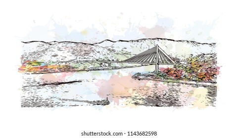 Landmark of Dubrovnik City in Croatia. Watercolor splash with Hand drawn sketch illustration in vector.