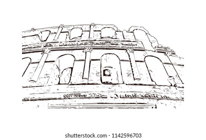 Landmark of El Djem, Town in Tunisia. Hand drawn sketch illustration in vector.