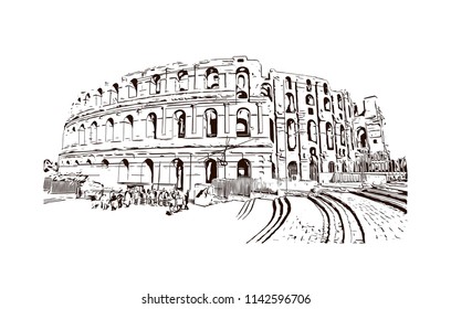 Landmark of El Djem, Town in Tunisia. Hand drawn sketch illustration in vector.
