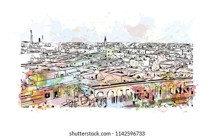 Landmark of El Djem, Town in Tunisia. Watercolor splash with hand drawn sketch illustration in vector.