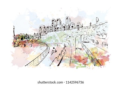 Landmark of El Djem, Town in Tunisia. Watercolor splash with hand drawn sketch illustration in vector.