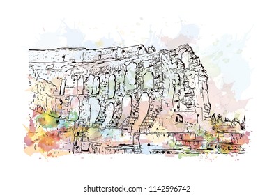 Landmark of El Djem, Town in Tunisia. Watercolor splash with hand drawn sketch illustration in vector.