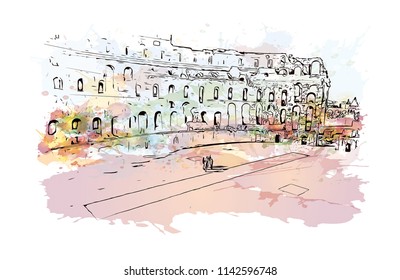 Landmark of El Djem, Town in Tunisia. Watercolor splash with hand drawn sketch illustration in vector.