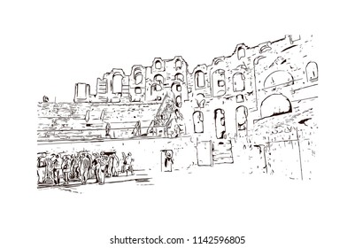 Landmark of El Djem, Town in Tunisia. Hand drawn sketch illustration in vector.