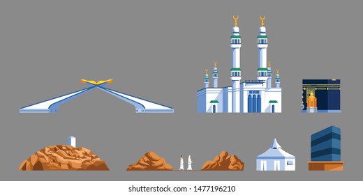 Landmark flat  icon of Mecca's gate and  Hajj pilgrim progress rite.