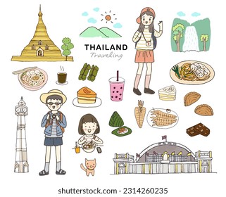 Landmark and food of Thailand, traveling Thailand concept. Hand drawn style vector illustration