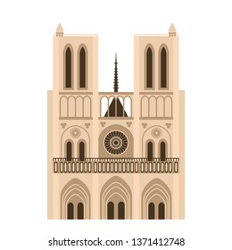 Landmark of France Notre Dame de Paris. Beautiful building of the Cathedral of Our Lady. flat vector illustration isolated on white background