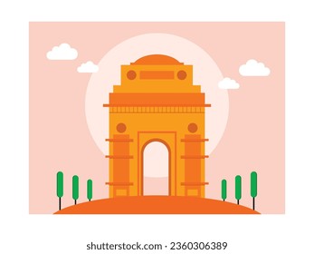 Landmark gate in New Delhi, India its historical building. Monument with green trees. Character design. Vector flat illustration