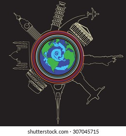 The landmark hand drawing by white color on single line around the world. In vector and illustration format.