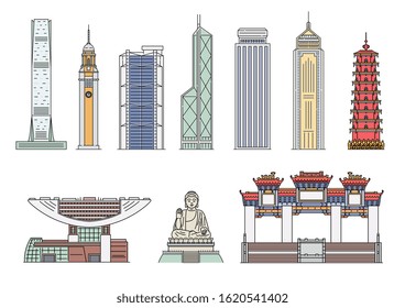 Landmark Hong Kong building icon set isolated on white background - colorful travel destination and tourist attraction sites. Flat vector illustration.