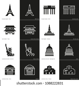 Landmark Icon Pack. Glyph and line style icons of various famous landmark buildings from around the world.