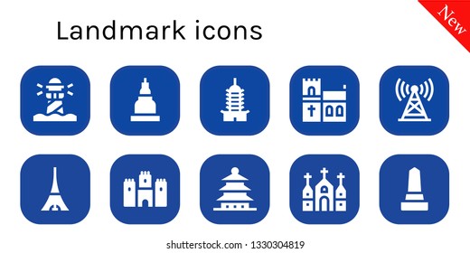 landmark icon set. 10 filled landmark icons.  Collection Of - Lighthouse, Temple, Pagoda, Church, Tower, Tokyo, Castle, Monument