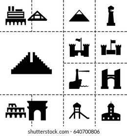 Landmark icon. set of 13 filled landmarkicons such as castle, chichen itza, coliseum, lighthouse, pyramid, arc de triomphe, bridge
