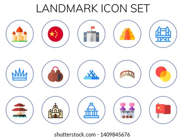 landmark icon set. 15 flat landmark icons.  Simple modern icons about  - palace, statue of liberty, china, castanet, castle, mayan pyramid, bridges, london bridge, hdr