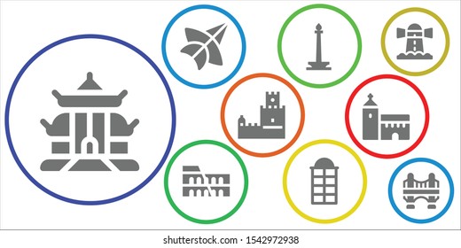 landmark icon set. 9 filled landmark icons.  Collection Of - Pagoda, Thai kite, Monas, Colosseum, Phone booth, Belem tower, Church, Lighthouse, Bridge icons
