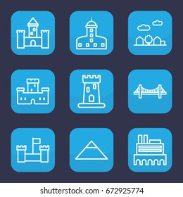 Landmark icon. set of 9 outline landmark icons such as castle, pyramid, bridge