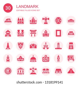 landmark icon set. Collection of 30 filled landmark icons included Cordoba, Holsten, Obelisk, Lighthouse, Dc, Chiang kai shek, Castle, Torii, Church, National geographic, Eiffel tower