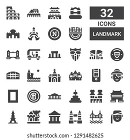 landmark icon set. Collection of 32 filled landmark icons included Armenian, Golden gate, Tower bridge, Parthenon, Castle, Eiffel tower, Ming dynasty tombs, Tower, British museum