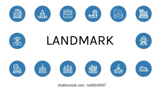 Landmark Icon Set. Collection Of City Garden Tower, Kremlin, Cairo Citadel, Belem Tower, Algarve, Evora, Ruined, Church, Cathedral Of Saint Basil, Castle, Sydney Opera House Icons