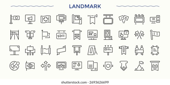 Conjunto de iconos de Lugar famoso. Iconos de estilo de línea delgada moderna. Trazo editable. colección de Vector. Conjunto de iconos modernos de Anuncio. Contiene símbolos como nacional, bandera, Anuncio y más.