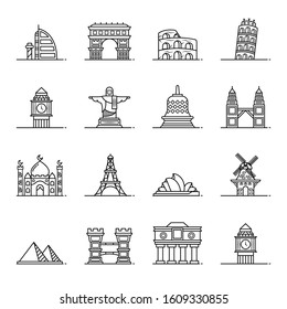 Landmark icon set vector illustration. Contains such Icons as Paris, arab, london, rome, italy, brazil, indonesia, malaysia, india, paris sydney, egypt, etc. Pixel perfect 64px. Editable Stroke.