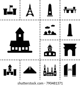Landmark icons. set of 13 editable filled landmark icons such as castle, chichen itza, arc de triomphe, monument, city landscape, bridge