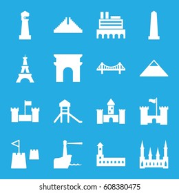 Landmark icons set. set of 16 landmark filled icons such as castle, Chichen Itza, lighthouse, pyramid, bridge, Arc de Triomphe, monument, Eiffel Tower