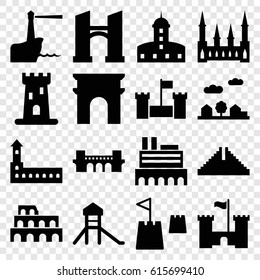 Landmark icons set. set of 16 landmark filled icons such as castle, Chichen Itza, Coliseum, bridge, Arc de Triomphe, city landscape, lighthouse